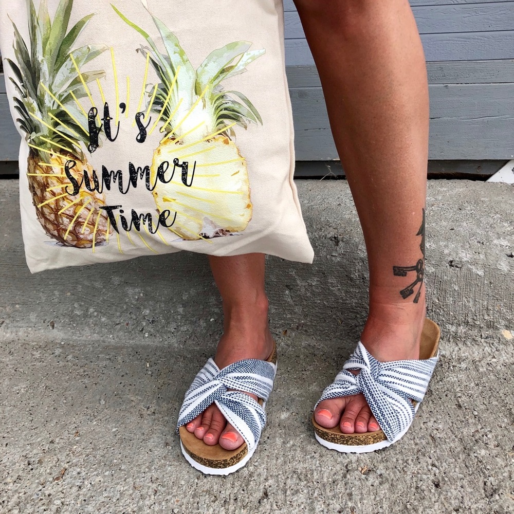 NEW! Linen Blue and White Birkenstock Style Sandal - Picture 1 of 8